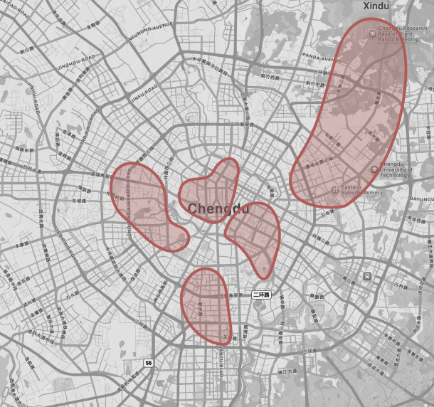 Map of Chengdu with highlighted routes
